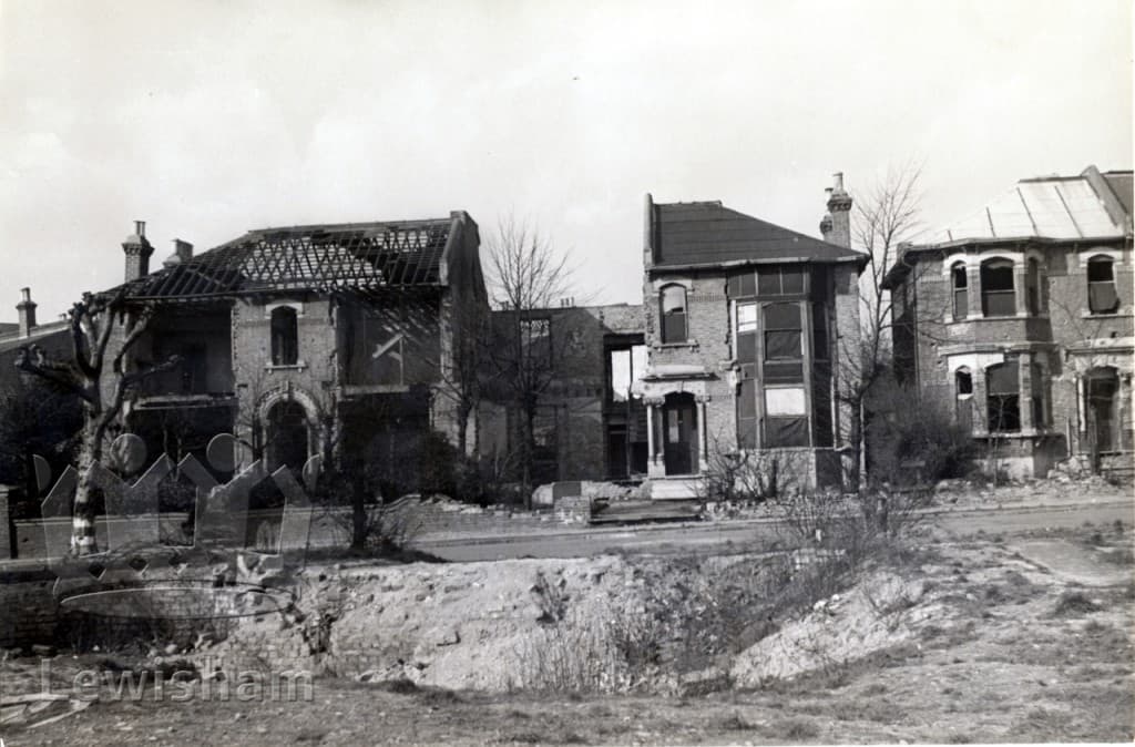 Bomb-damaged houses on Breakspears Road, Brockley, during the Second World War