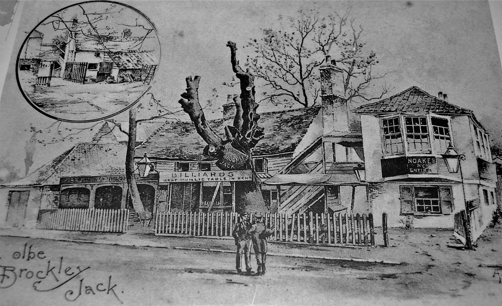 A drawing of the old Brockley Jack in 1893, with the Noakes name, a billiards room and a sign hung on a tree
